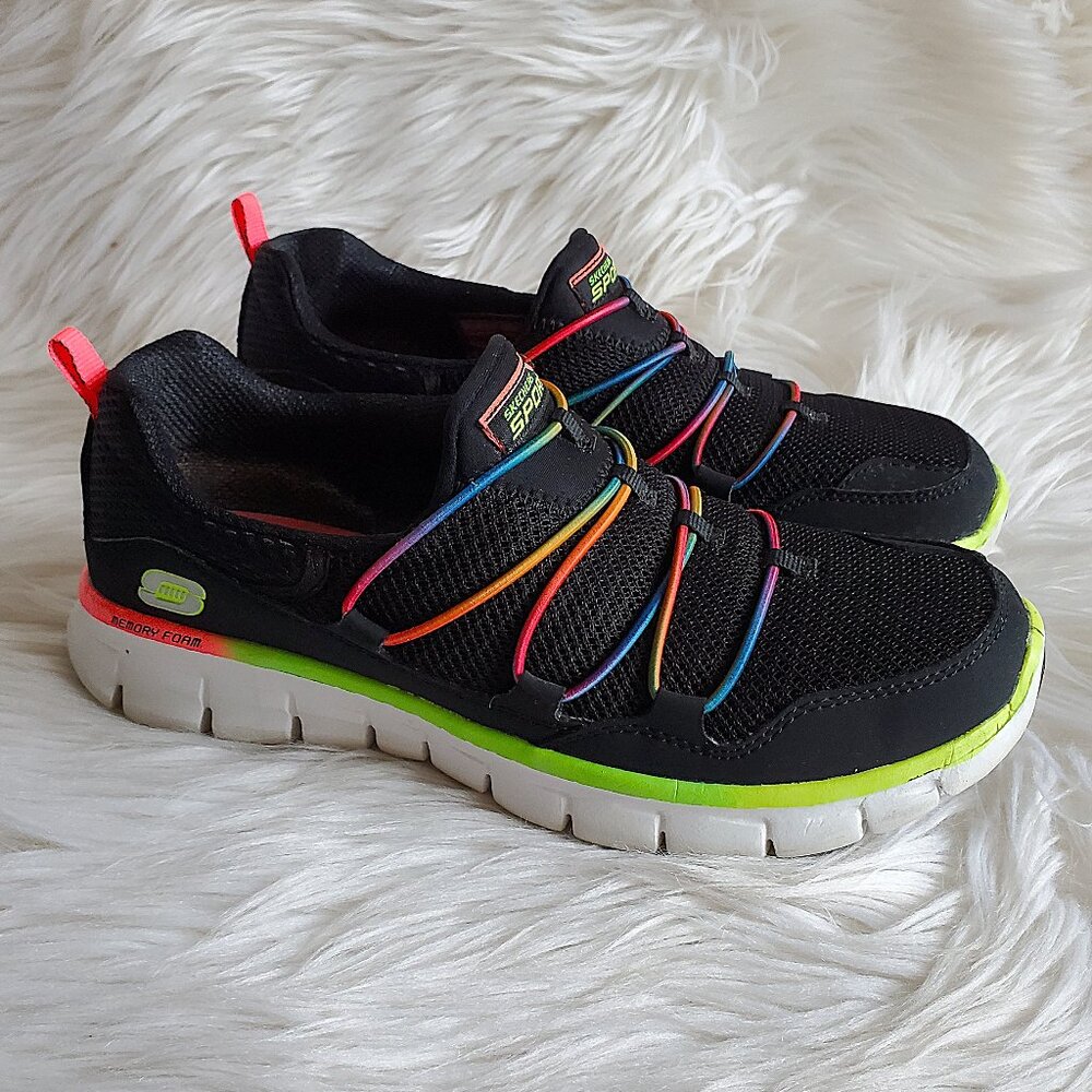 Skechers Sport Women's Black Neon Loving Life Memory Foam Walking Shoes SZ 6